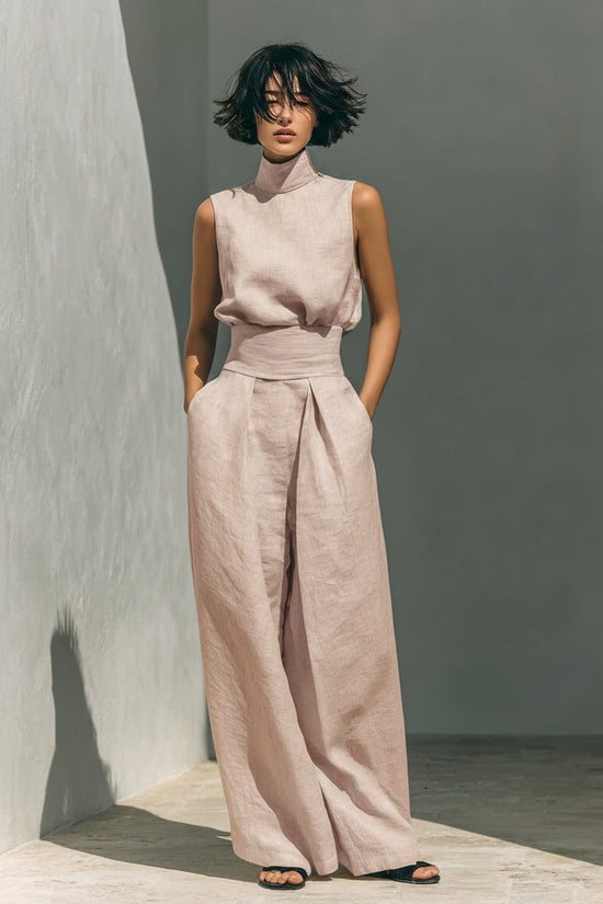 Womens Cotton-Linen Blend Sleeveless Top And Wide-Leg Pants Set 