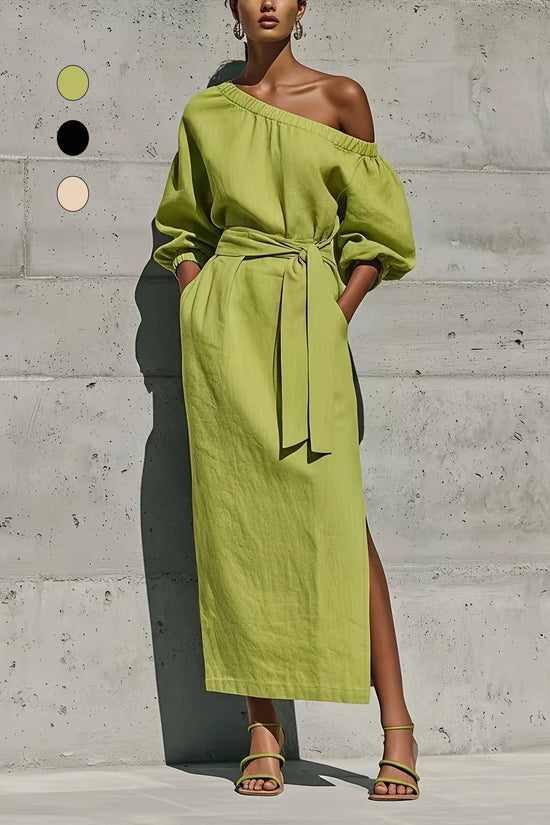 Fashionable Elegant Loose Linen Off-Shoulder Side Slit Dress with Belt 