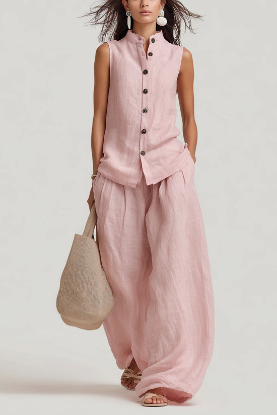 Womens Casual Cotton-Linen Sleeveless Crew-Neck Vest Top And Pants Two-Piece Set 