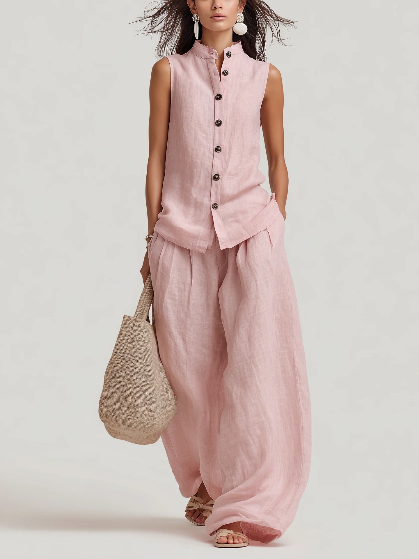 Womens Casual Cotton-Linen Sleeveless Crew-Neck Vest Top And Pants Two-Piece Set 