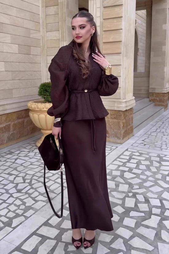Chic V-Neck Fitted Long Sleeve Cardigan Top with High-Waisted Skirt Set for Women 