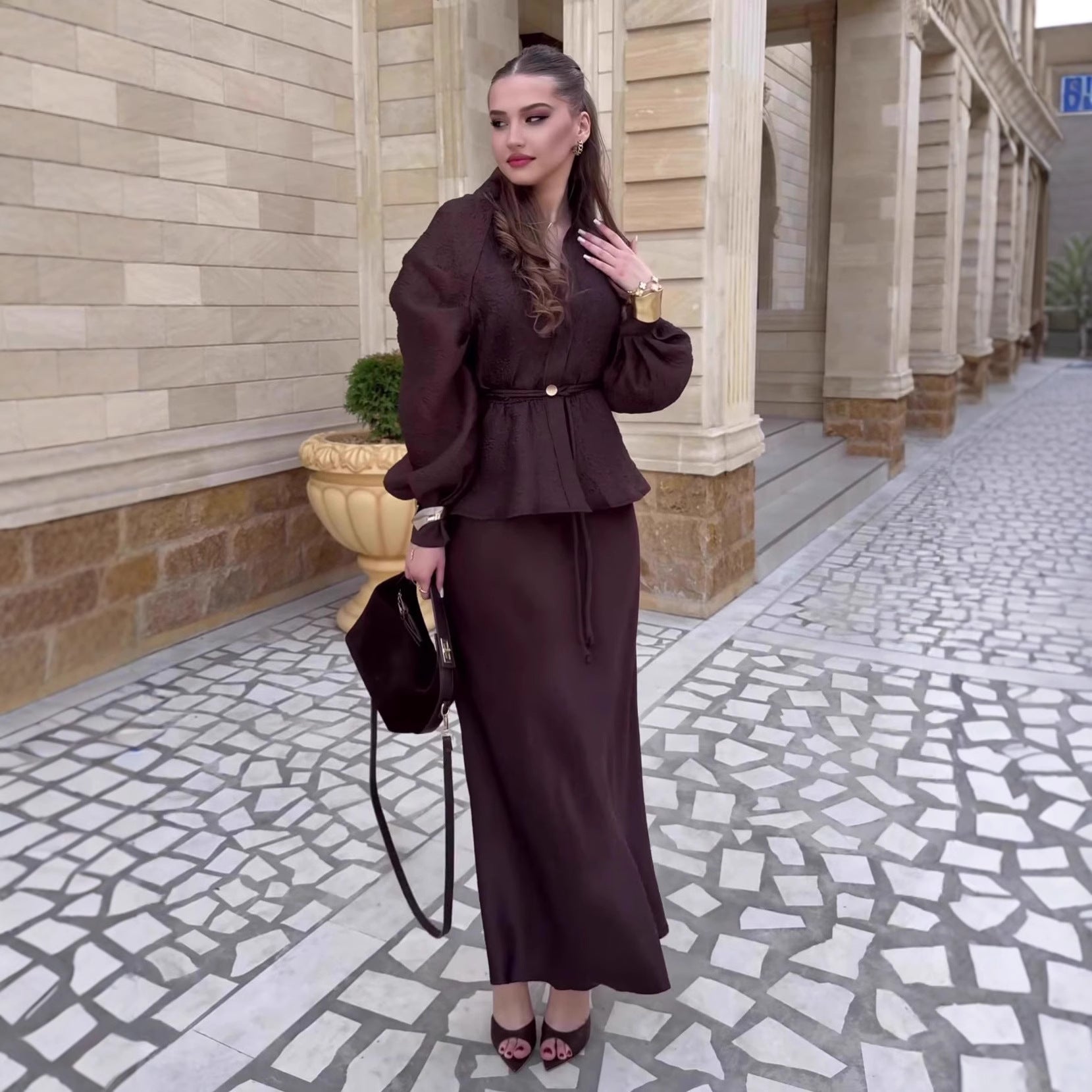 Chic V-Neck Fitted Long Sleeve Cardigan Top with High-Waisted Skirt Set for Women 