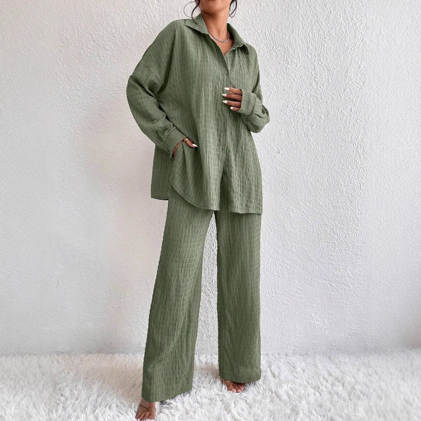 Summer New European And American Style Pleated Long-Sleeve Lapel Loose Two-Piece Set 