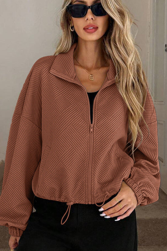 High neck zipper hem drawstring pocket women's loose jacket 