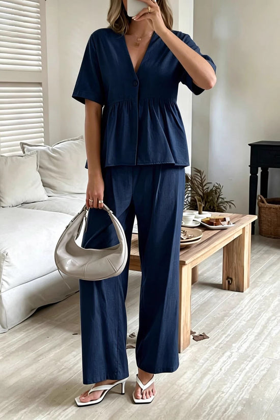 V-neck Loose-fit Short-sleeve Top And Wide-leg Pants Two-piece Set 