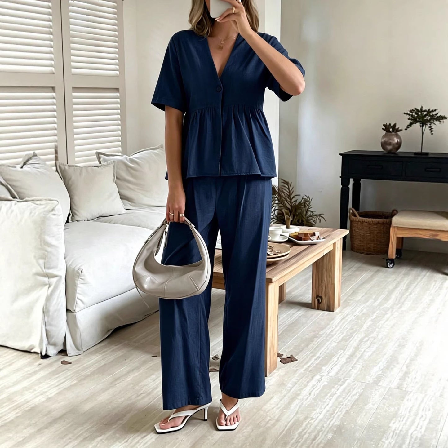 V-neck Loose-fit Short-sleeve Top And Wide-leg Pants Two-piece Set 