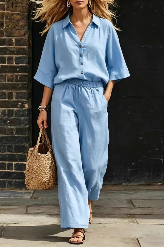 Womens Short-Sleeve Shirt And Loose Pants Two-Piece Set 