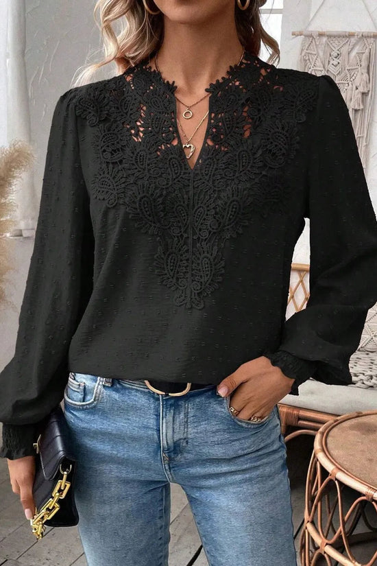 Swiss Dot Lace Detail Notched Long Sleeve Blouse 