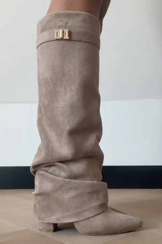 Pointed Toe Straight Tube Pleated Metal Buckle Mid-Calf Boots for Women, Chunky Heel Pipe Boots, Wide Size Available 