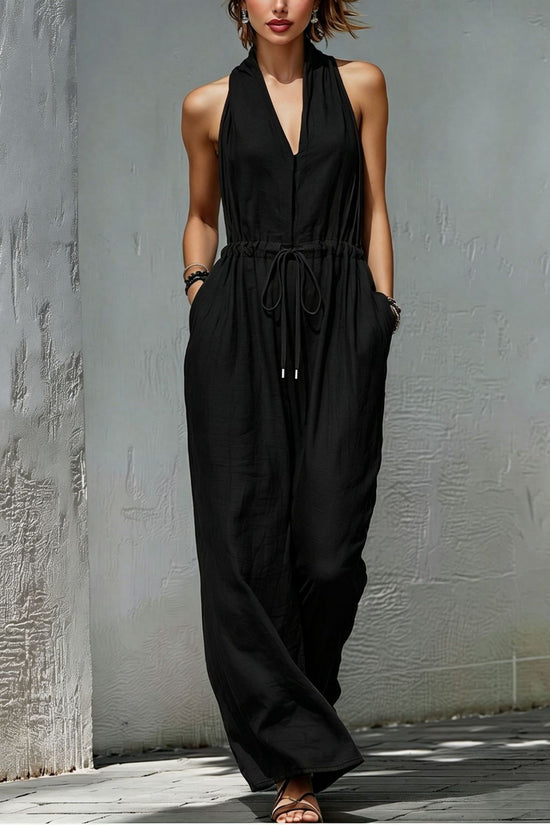 Womens Sleeveless Solid-Color Long Holiday Jumpsuit 