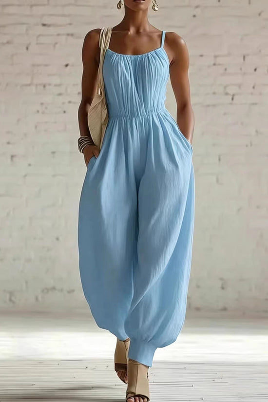 Womens Sleeveless Cotton-Linen Blend Jumpsuit 