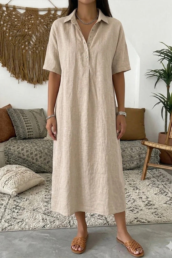 Casual Straight Fit Comfortable Linen Short Sleeve Polo Neck Dress for Women 
