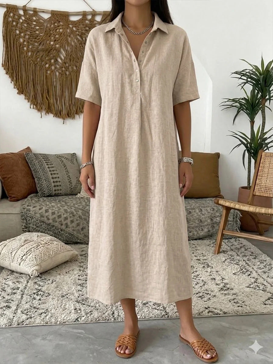 Casual Straight Fit Comfortable Linen Short Sleeve Polo Neck Dress for Women 