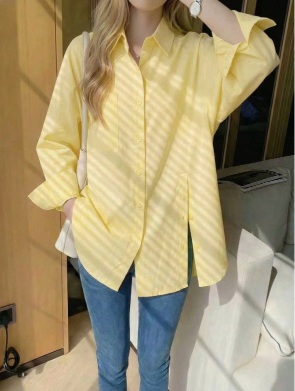 New women's solid color long sleeved shirt with button side slit 