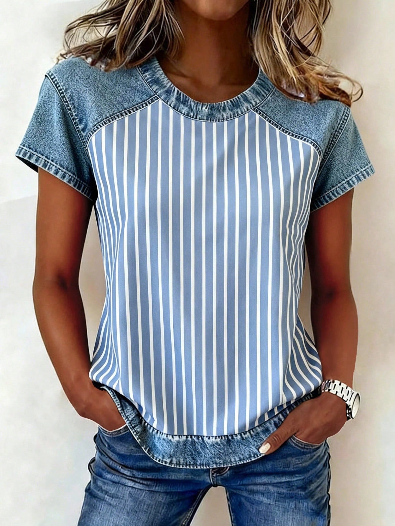 Women's Retro Denim Patchwork Short-Sleeve Shirt – Loose Fit 