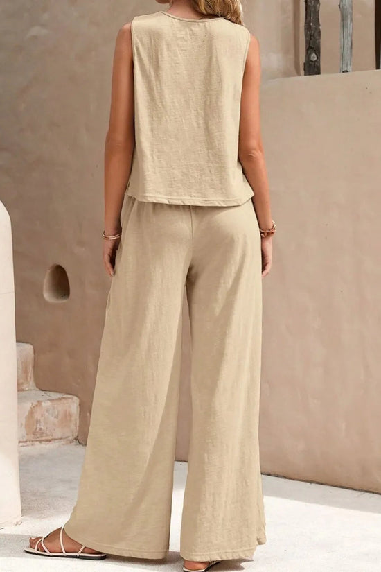Round Neck Sleeveless Top and Wide Leg Pants Set 