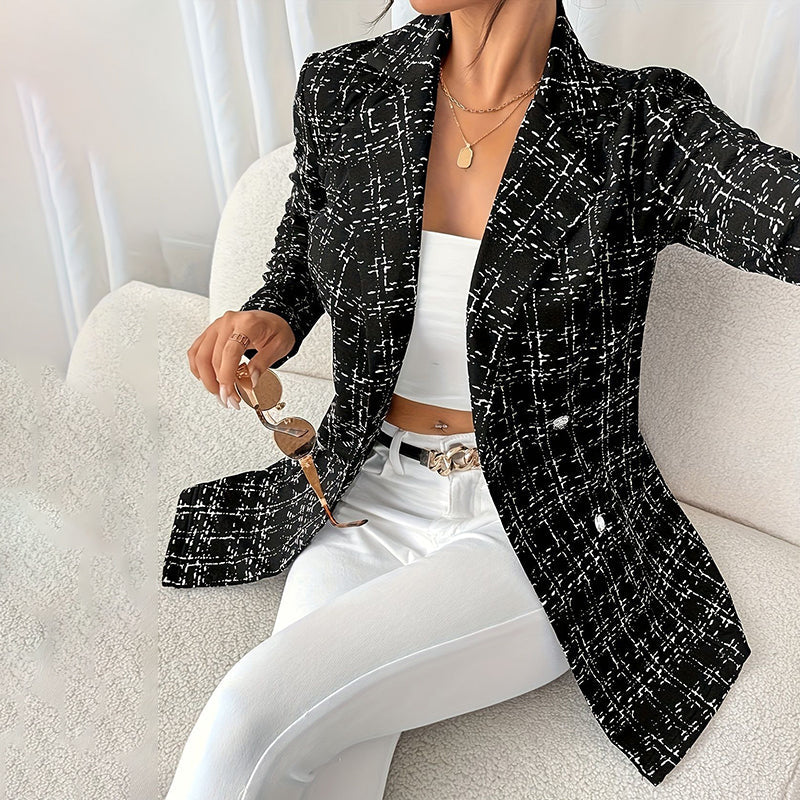Elegant Women's Plaid Double-Breasted Blazer, Notch Lapel Long Sleeve Tweed Jacket For Office And Casual Wear 