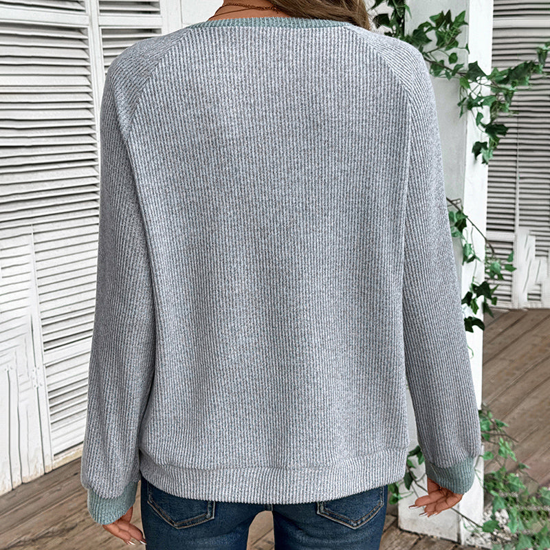 Women's Color Block Pullover - Spring Fall V-Neck Long Sleeve Casual Loose Top 
