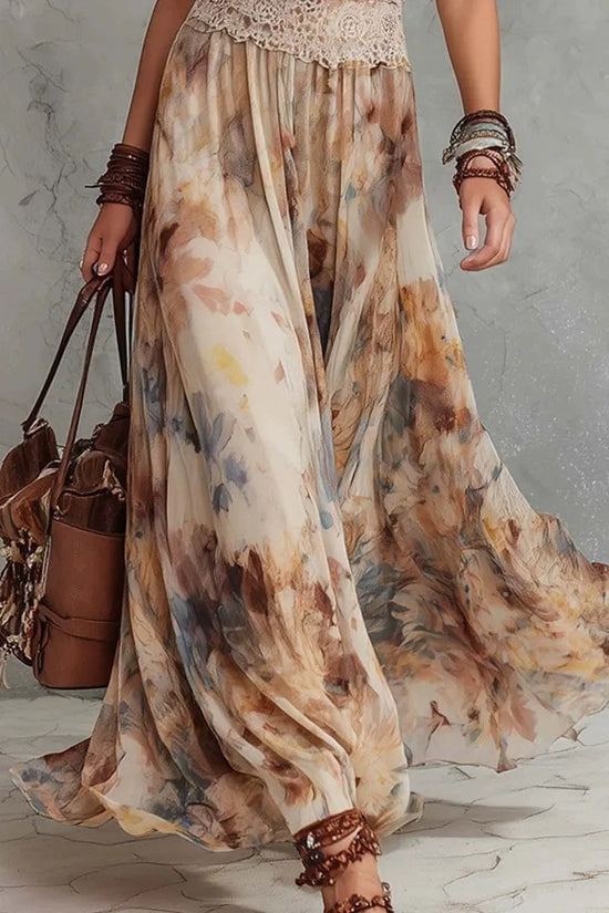 French Vintage Painted Floral Backless Strapless Summer Beach Vacation Long Dress 