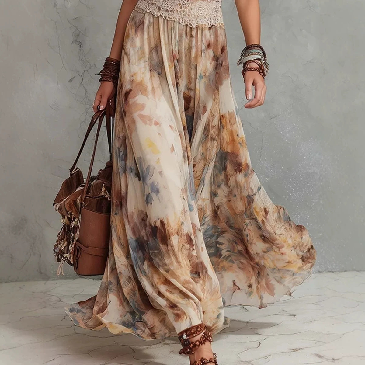 French Vintage Painted Floral Backless Strapless Summer Beach Vacation Long Dress 