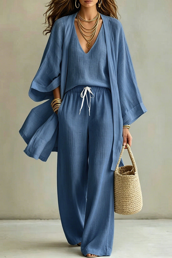 Loose cardigan sleeveless vest long pants three piece set for women