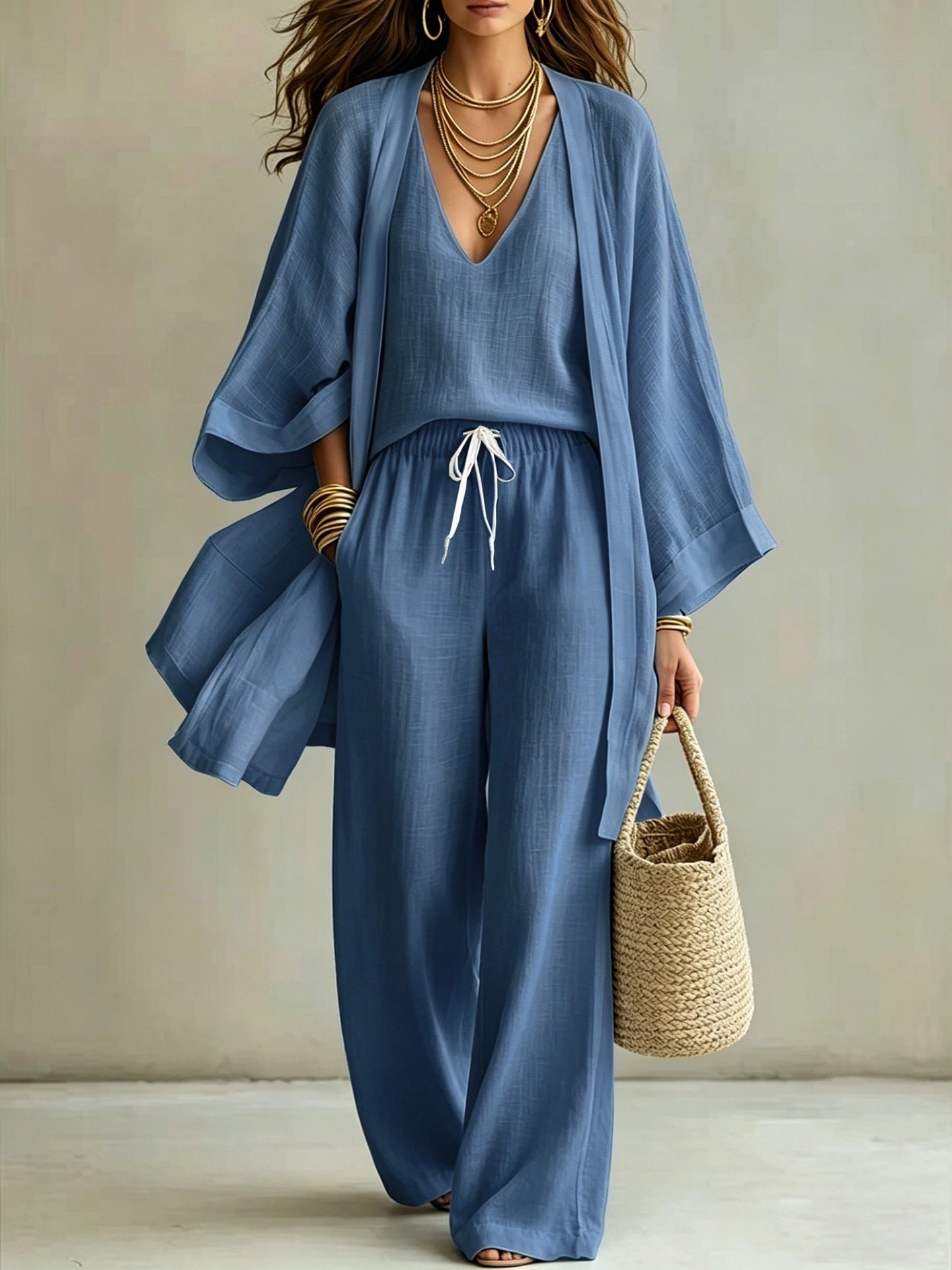Loose cardigan sleeveless vest long pants three piece set for women