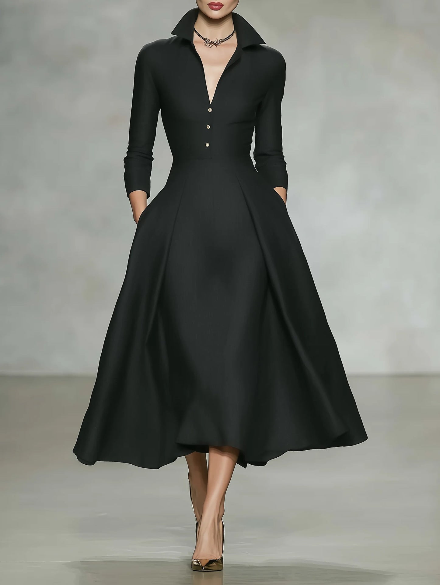 V-neck waist cinched long sleeved dress 