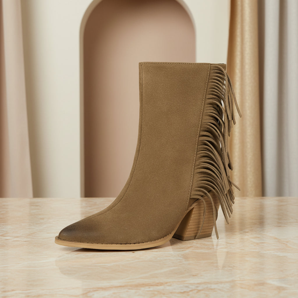 Western Style Ankle Boots for Women, Pointed Toe with Tassel, Chunky High Heel Made to order, ships in 7 days 