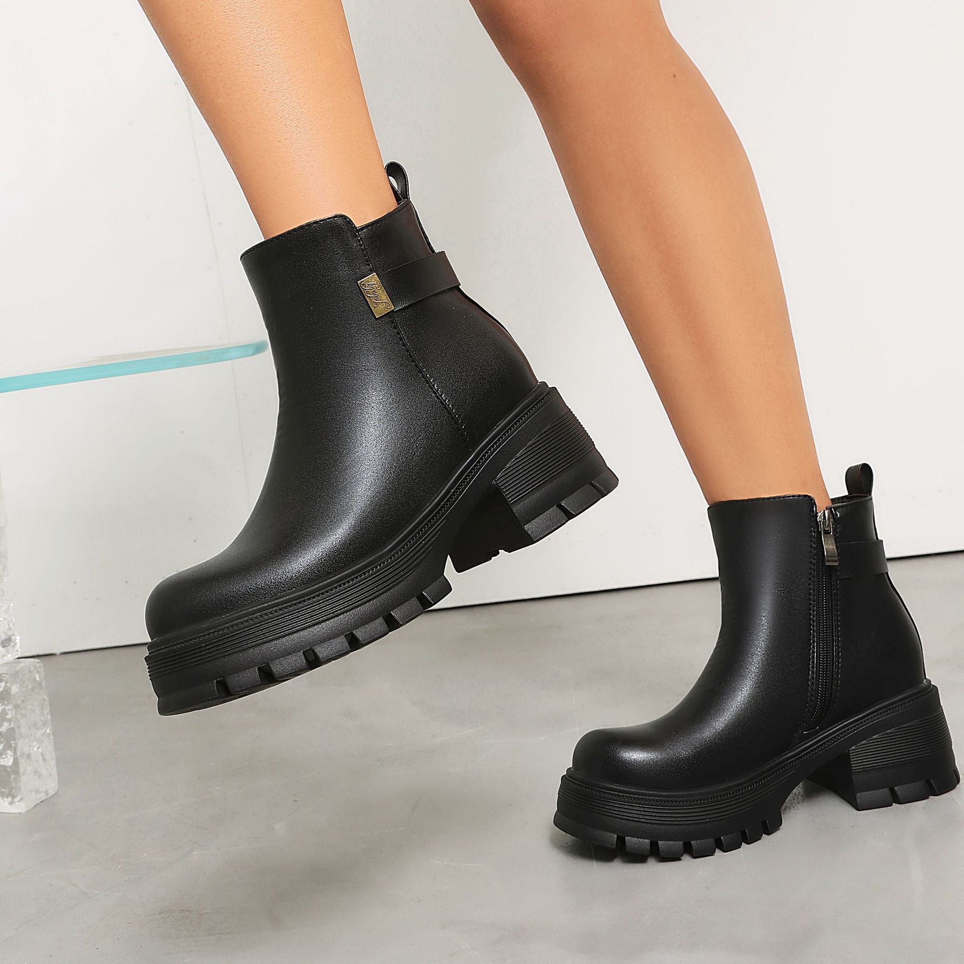 Autumn Winter High Heel Thick Sole 40-43 Large Size Side Zipper Suede Low Cuff Ankle Boots 