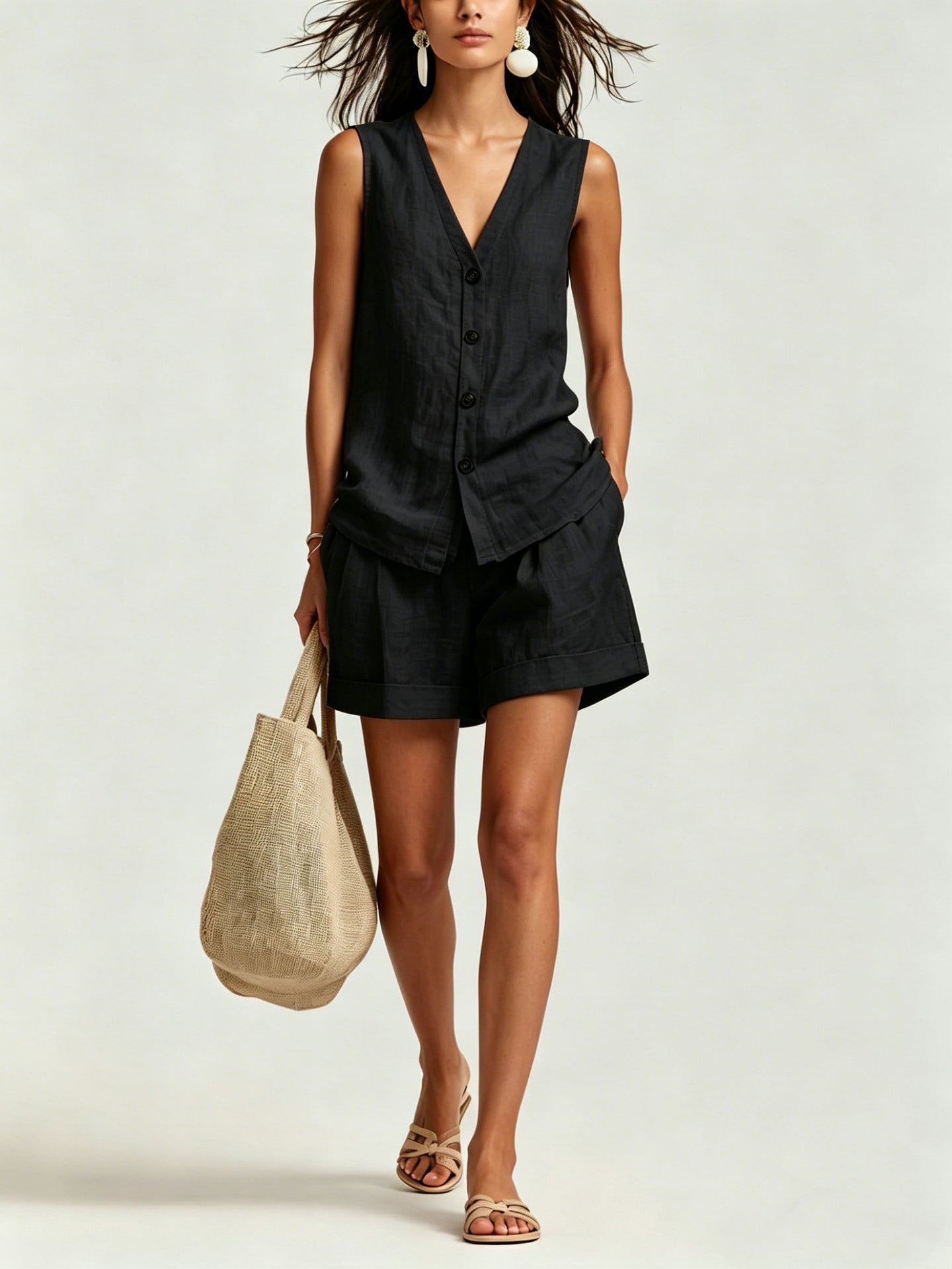 Women's Casual Sleeveless Vest And Shorts Set 