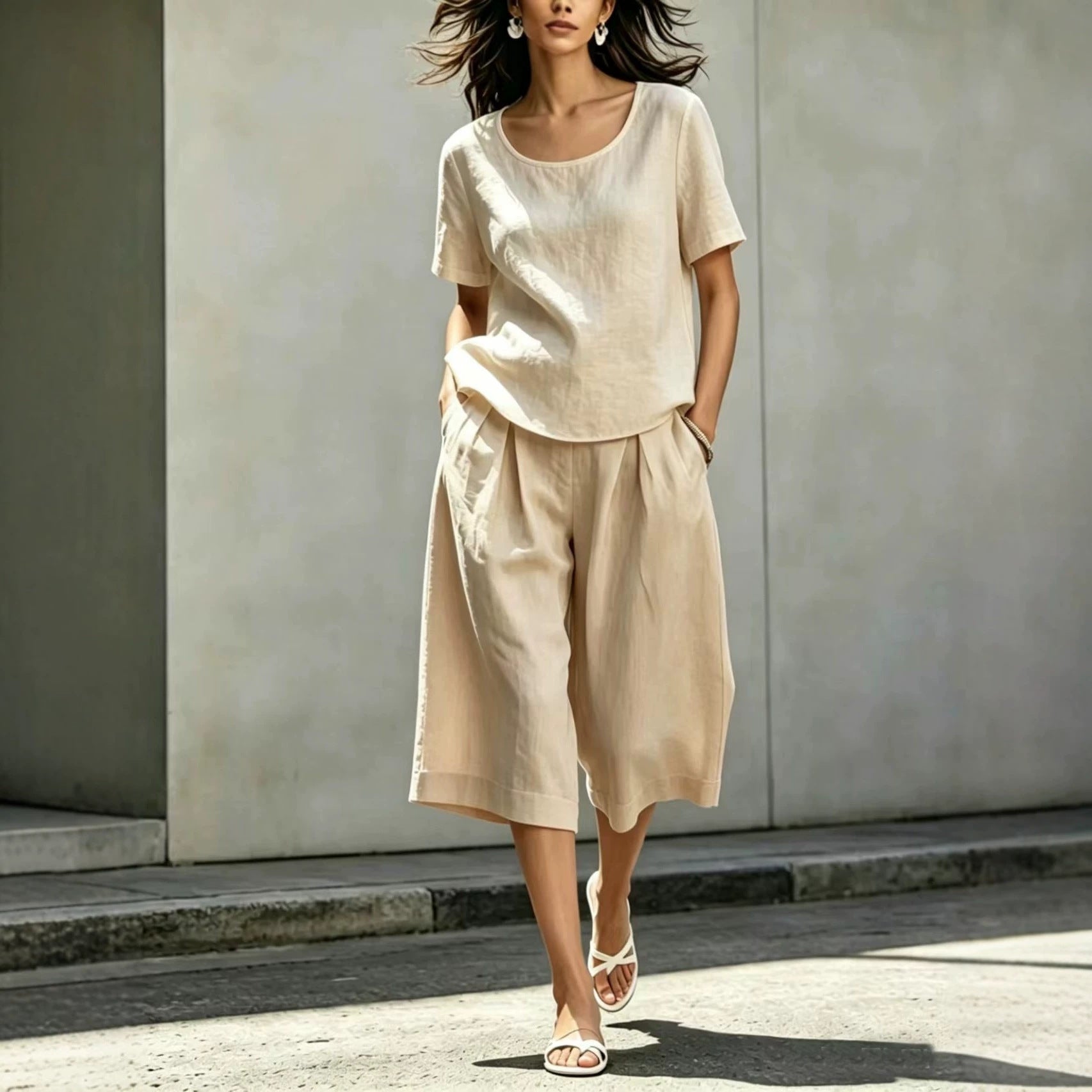 Cotton-linen Casual Loose-fitting Short-sleeve Top And Shorts Set 