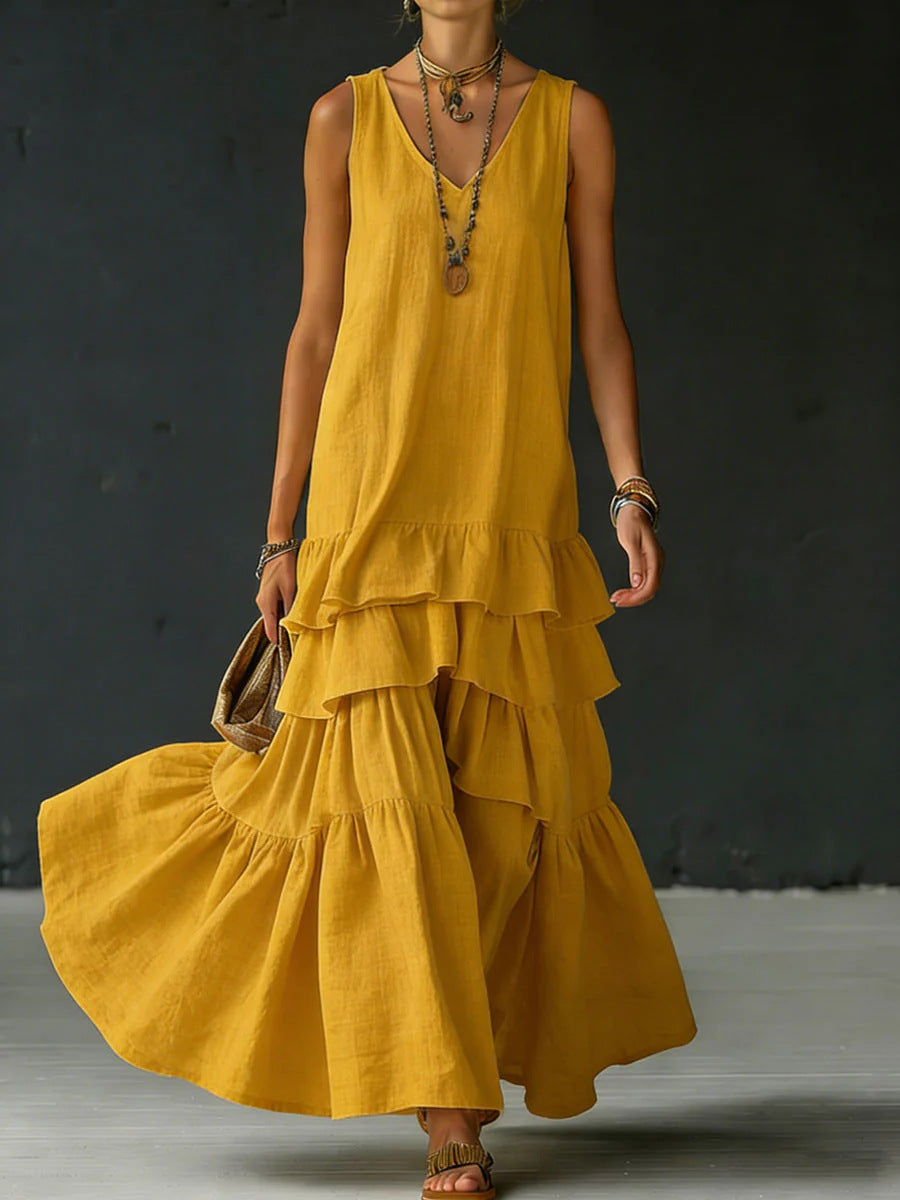 Solid-color Womens Loose-fitting Full-skirted Sleeveless Dress 