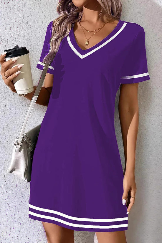 V-neck Fashionable And Elegant Contrast-color Short-sleeve Dress 