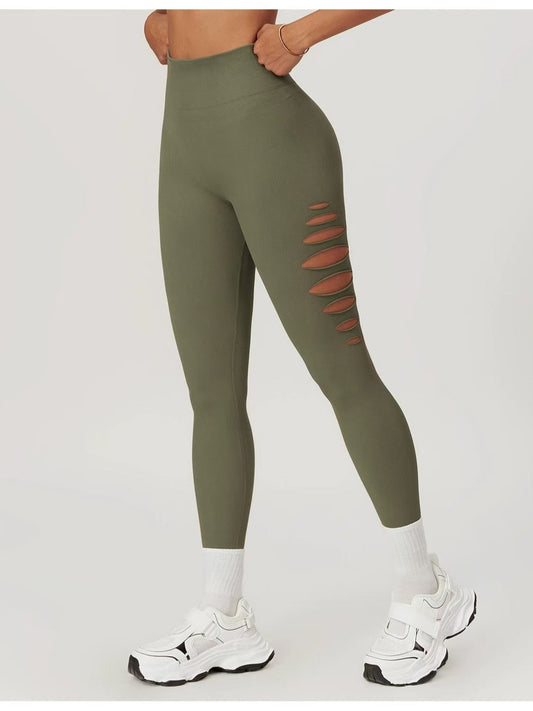 Style High Elastic Side Cut-Out Seamless Knit Butt-Lifting Fitness Pants Women High Waist Slim Yoga Pants Running Sports Long Pants 