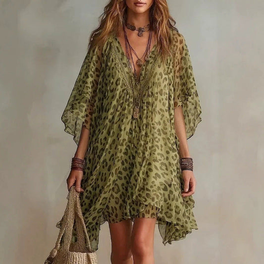 V-neck chiffon dress beach vacation cover shirt leopard print beach skirt 