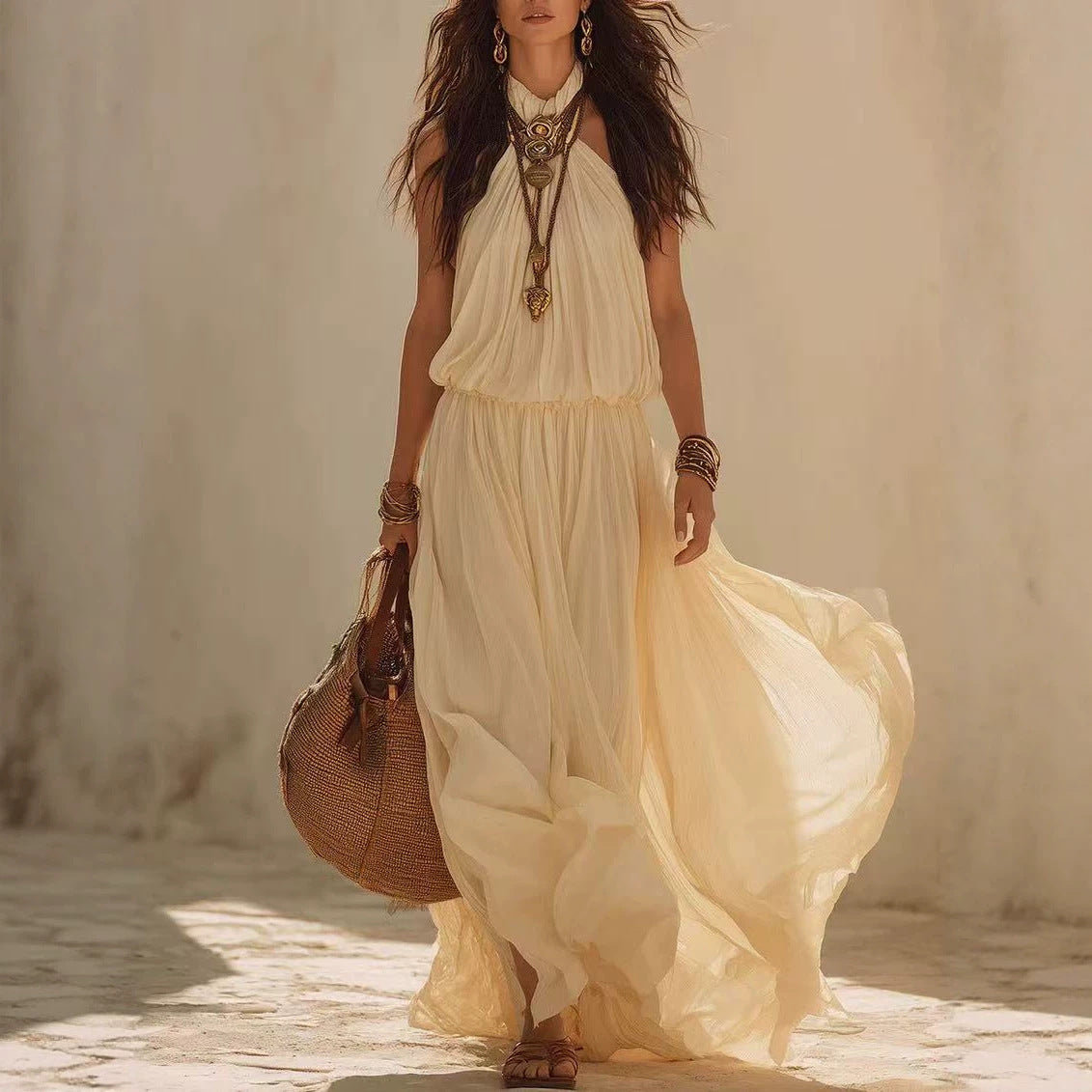 Hanging neck and waist cinching dress 