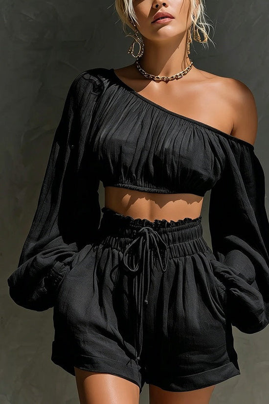 Shoulder long sleeved short top+high waisted casual shorts set for women 