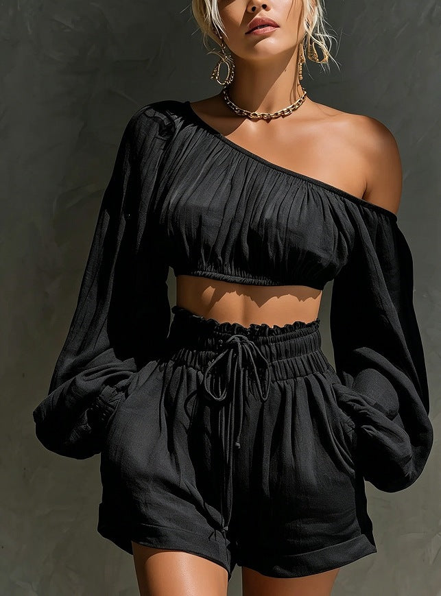 Shoulder long sleeved short top+high waisted casual shorts set for women 