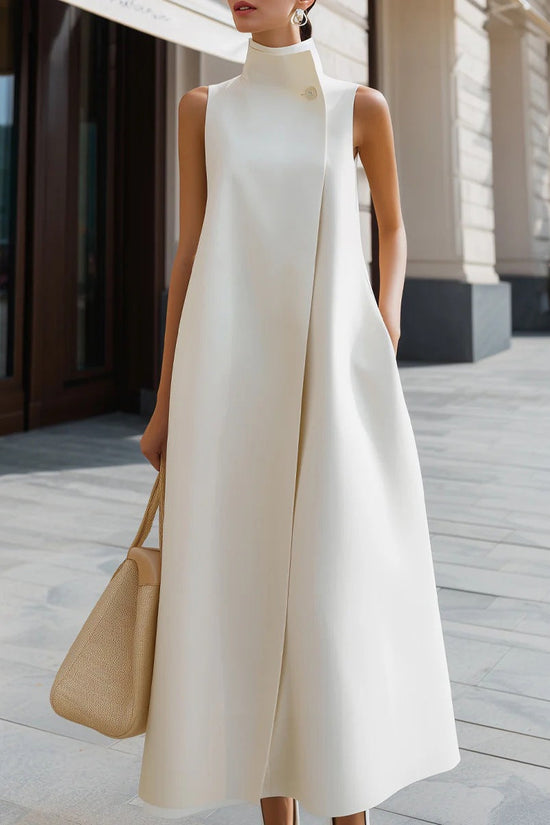 Elegant Sleeveless Long Dress with Stand Collar and Single Button Office Wear, Casual Fashion 