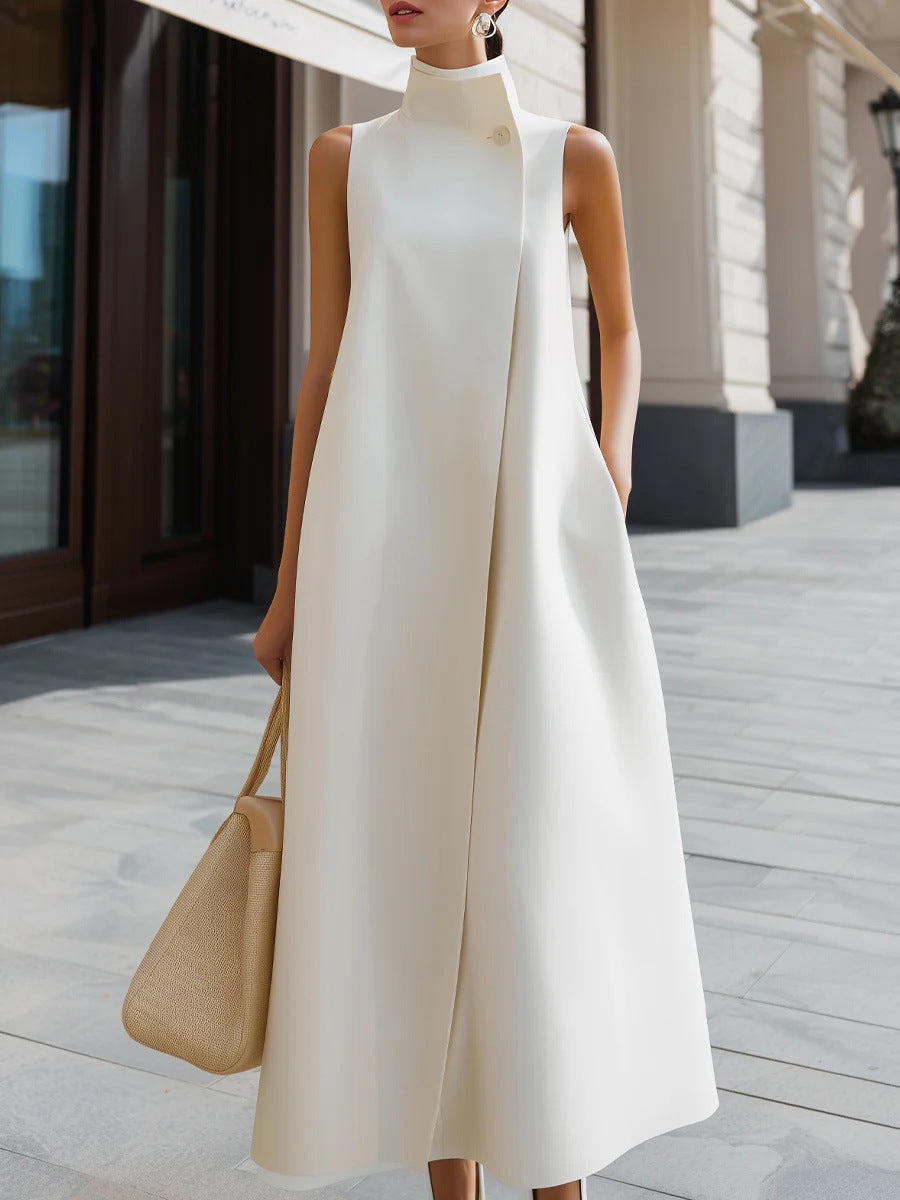 Elegant Sleeveless Long Dress with Stand Collar and Single Button Office Wear, Casual Fashion 