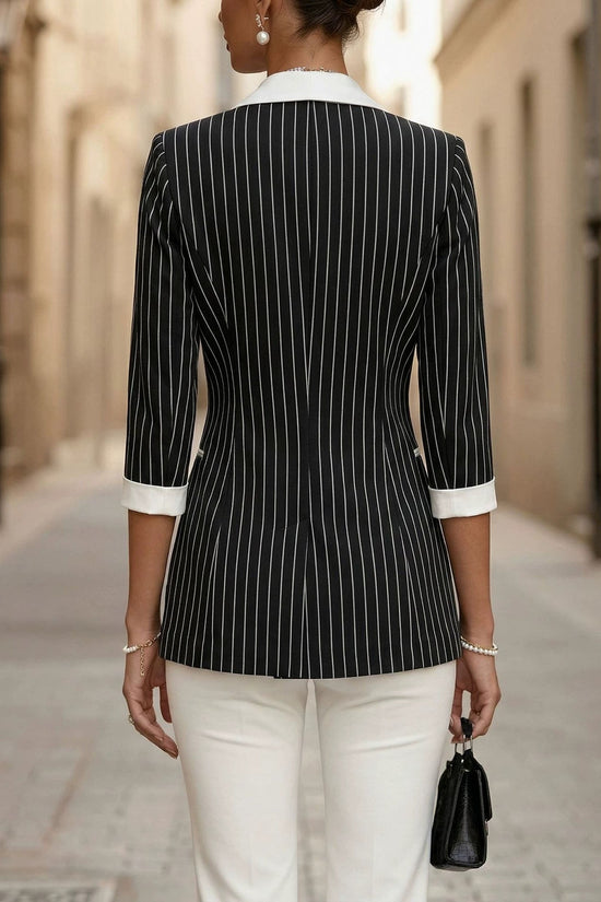 Style Black and White Thin Stripe Color-Blocked Notch Lapel Double-Breasted Three-Quarter Sleeve Suit Jacket for Women 