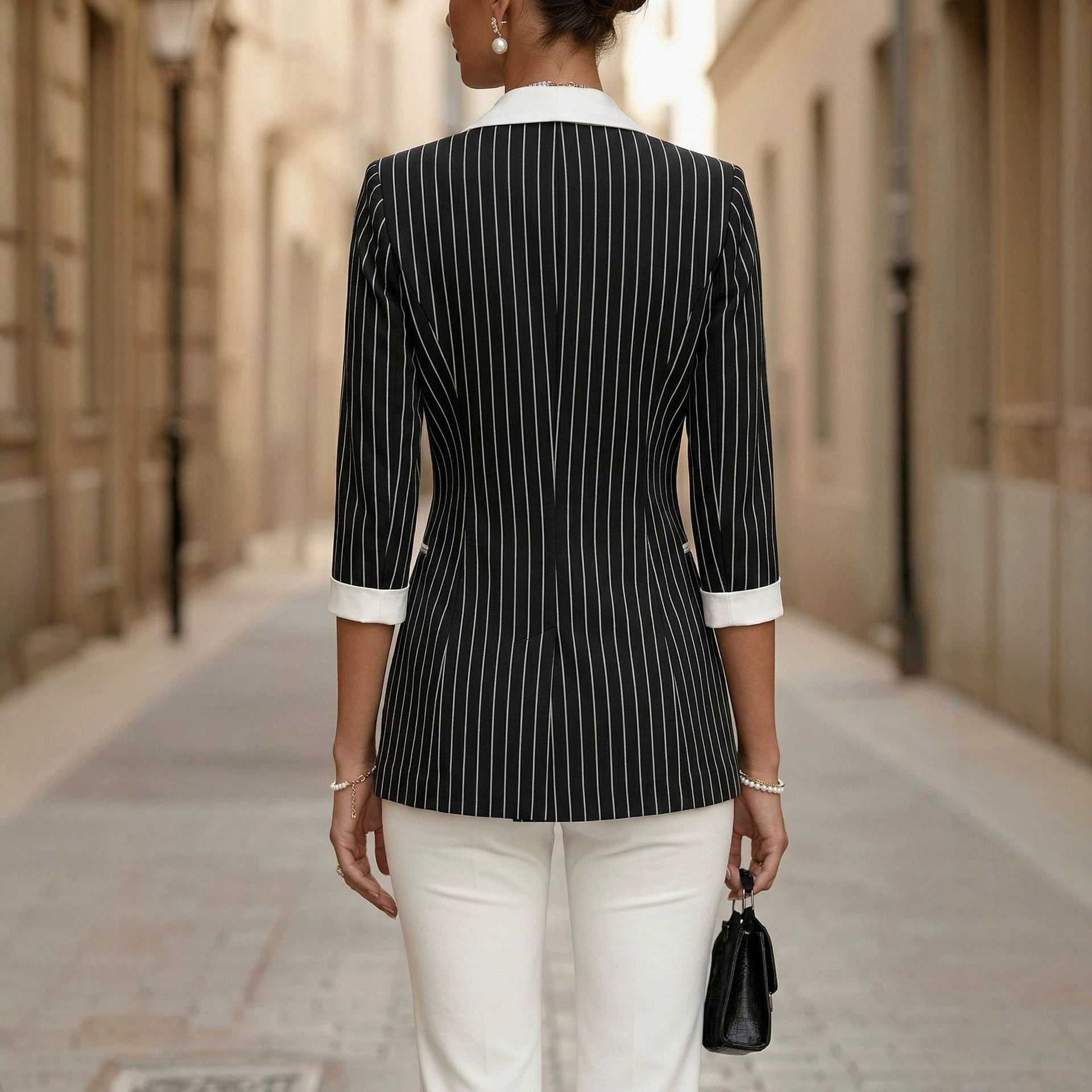 Style Black and White Thin Stripe Color-Blocked Notch Lapel Double-Breasted Three-Quarter Sleeve Suit Jacket for Women 