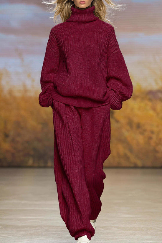Casual Knit Loose High Neck Wide Leg Pants Set 