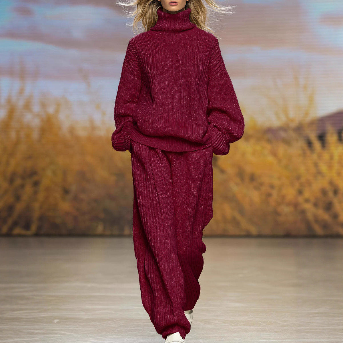 Casual Knit Loose High Neck Wide Leg Pants Set 