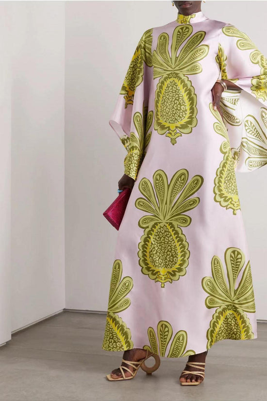 New European and American Summer Printed Seven Sleeve Stand up Collar Dress 