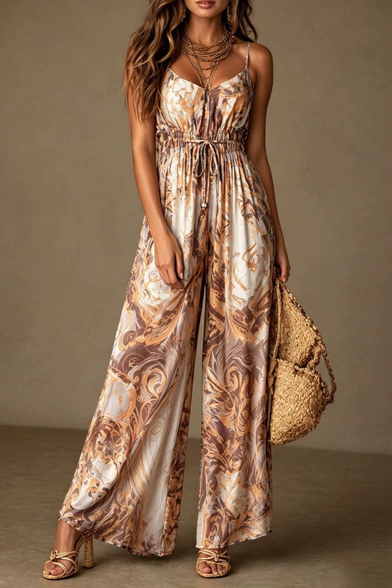 Printed camisole backless loose wide leg jumpsuit