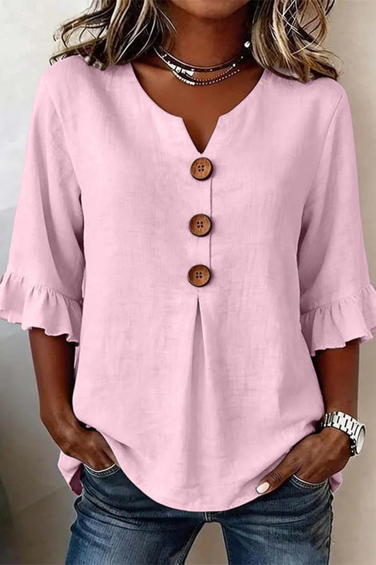 Fashionable Cotton Linen V-Neck Button-Up Blouse for Women Summer Casual Top 