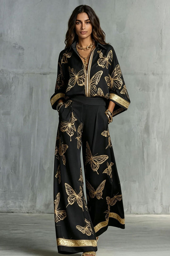 Style Women's Retro Printed Sexy Deep V Neck Loose Zipper Top with Wide Leg Pants Two-Piece Set 