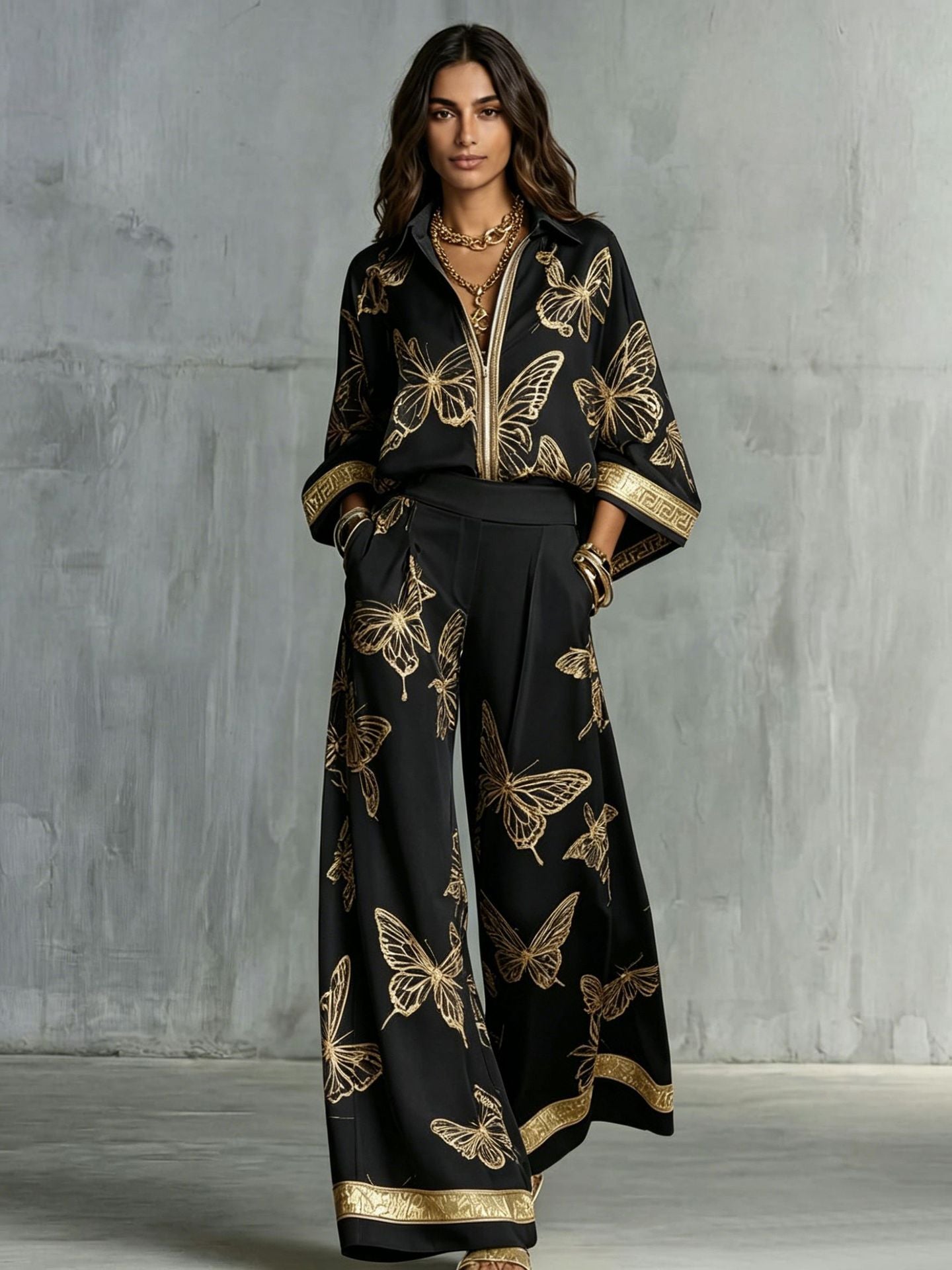Style Women's Retro Printed Sexy Deep V Neck Loose Zipper Top with Wide Leg Pants Two-Piece Set 
