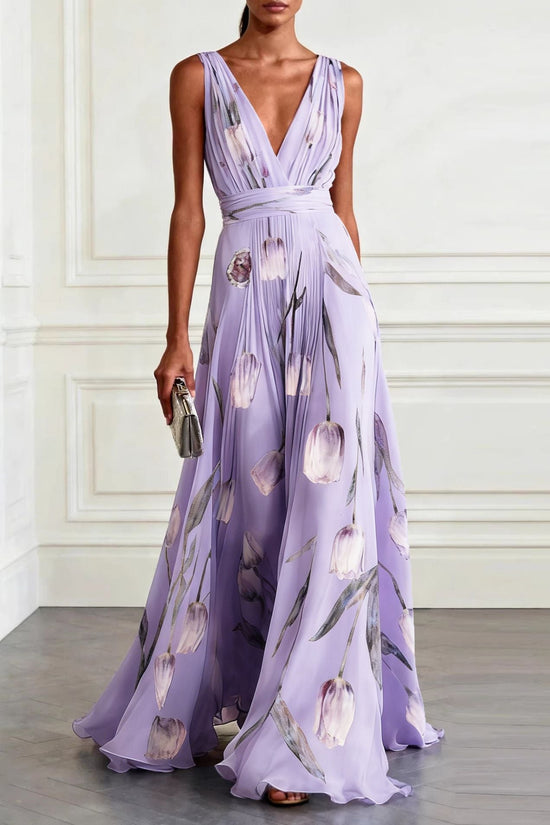 Tulip Print Evening Dress for Women Sleeveless V-Neck Long Dress 